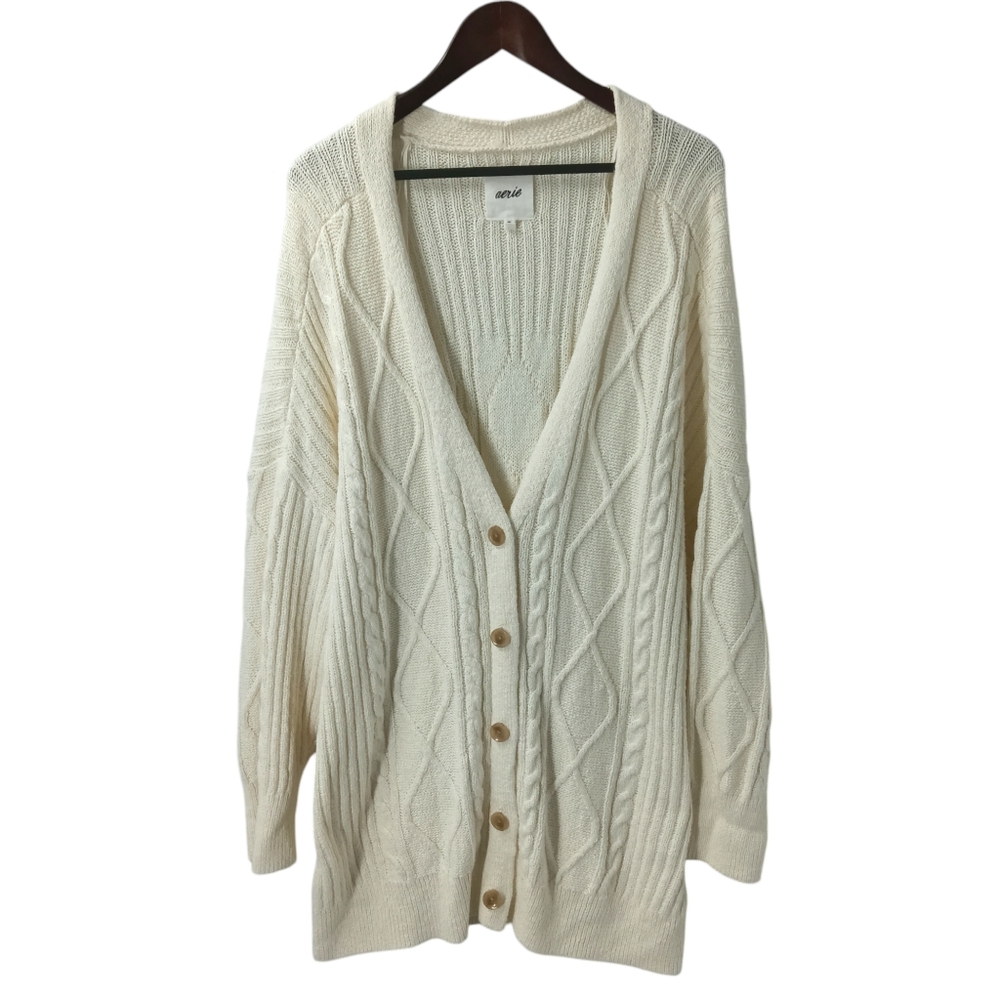 Aerie Cozy Cream Cable Knit Button Down Sweater Cardigan Size XXL